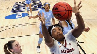 Ariyah Copeland #22 of the Alabama Crimson Tide grabs a rebound against the North Carolina Tar Heels in the first round game of the 2021 NCAA Women's Basketball Tournament at the Alamodome on March 22, 2021 in San Antonio, Texas.