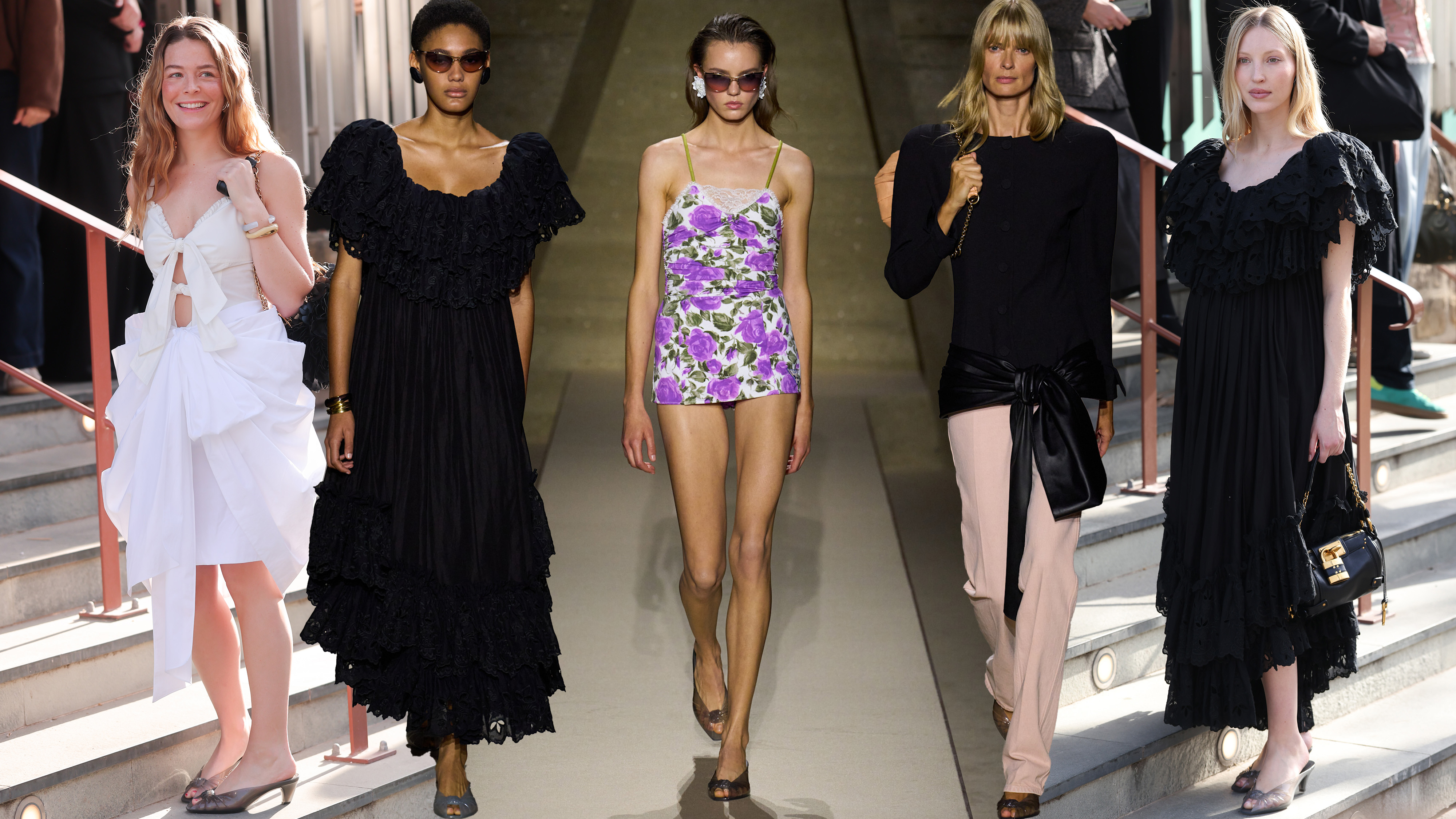 A woman wears a white dress with chloe mules; a woman wears a black dress with chloe mules; a woman wears a floral minidress with chloe mules; a woman wears a black top and trousers with chloe mules; a woman wears a black dress with chloe mules.