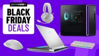 Alienware laptop, PC, and peripherals on a purple background with Black Friday deals badge