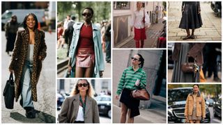 An eight image graphic of women wearing trendy outfits at fashion week