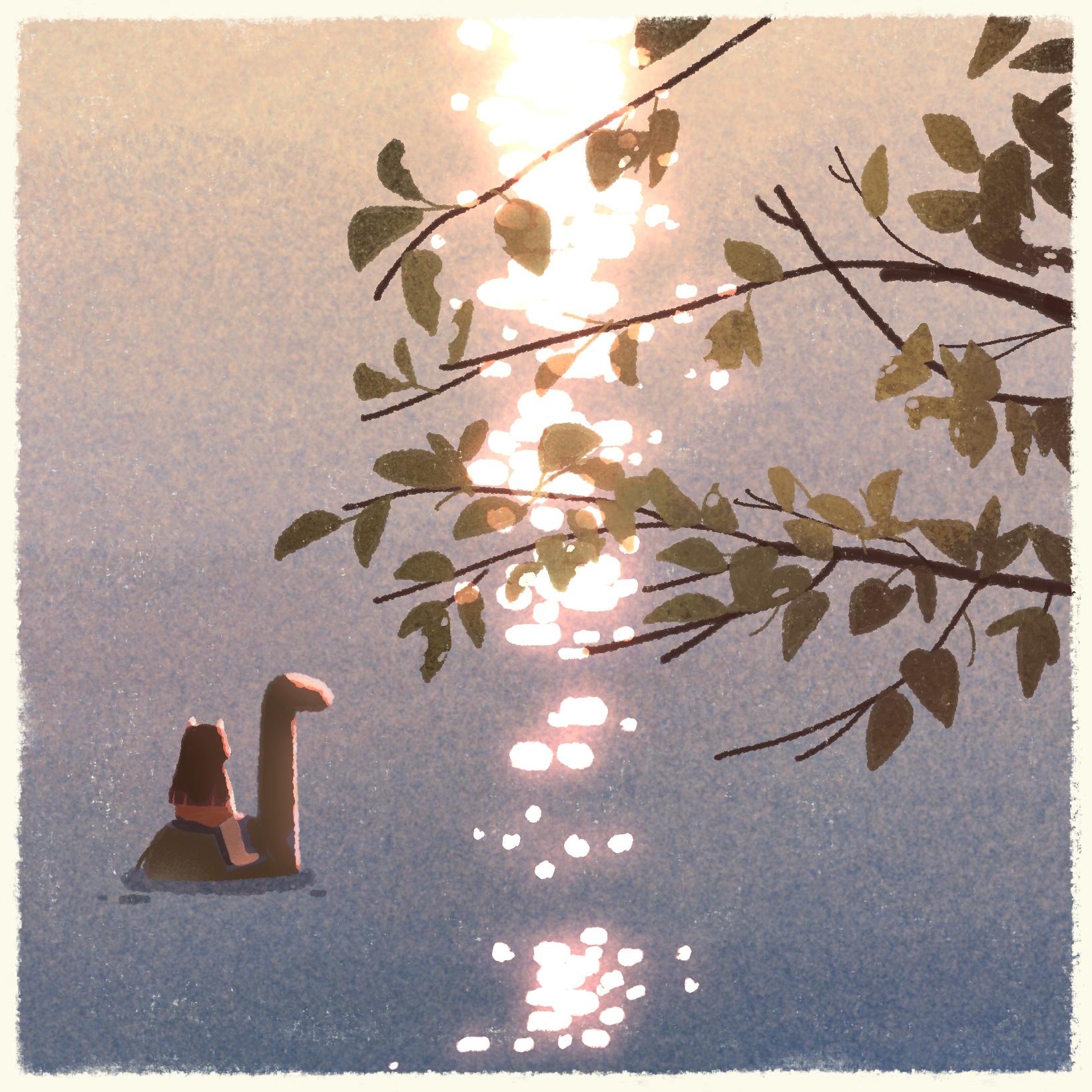 A lake painting with sunset and a girl riding a dinosaur