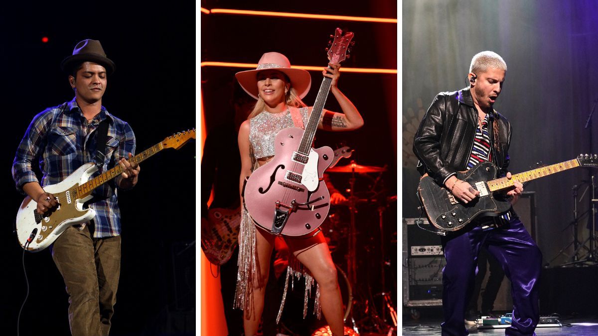 Left: Singer Bruno Mars performs during the B96 &quot;Jingle Bash&quot; at the Allstate Arena in Rosemont, Illinois on DEC 11, 2010. Centre: Pictured: Musical guest Lady Gaga performs on October 22, 2016. Right: Andrew Watt performs onstage at Beacon Theatre on February 04, 2022 in New York City.