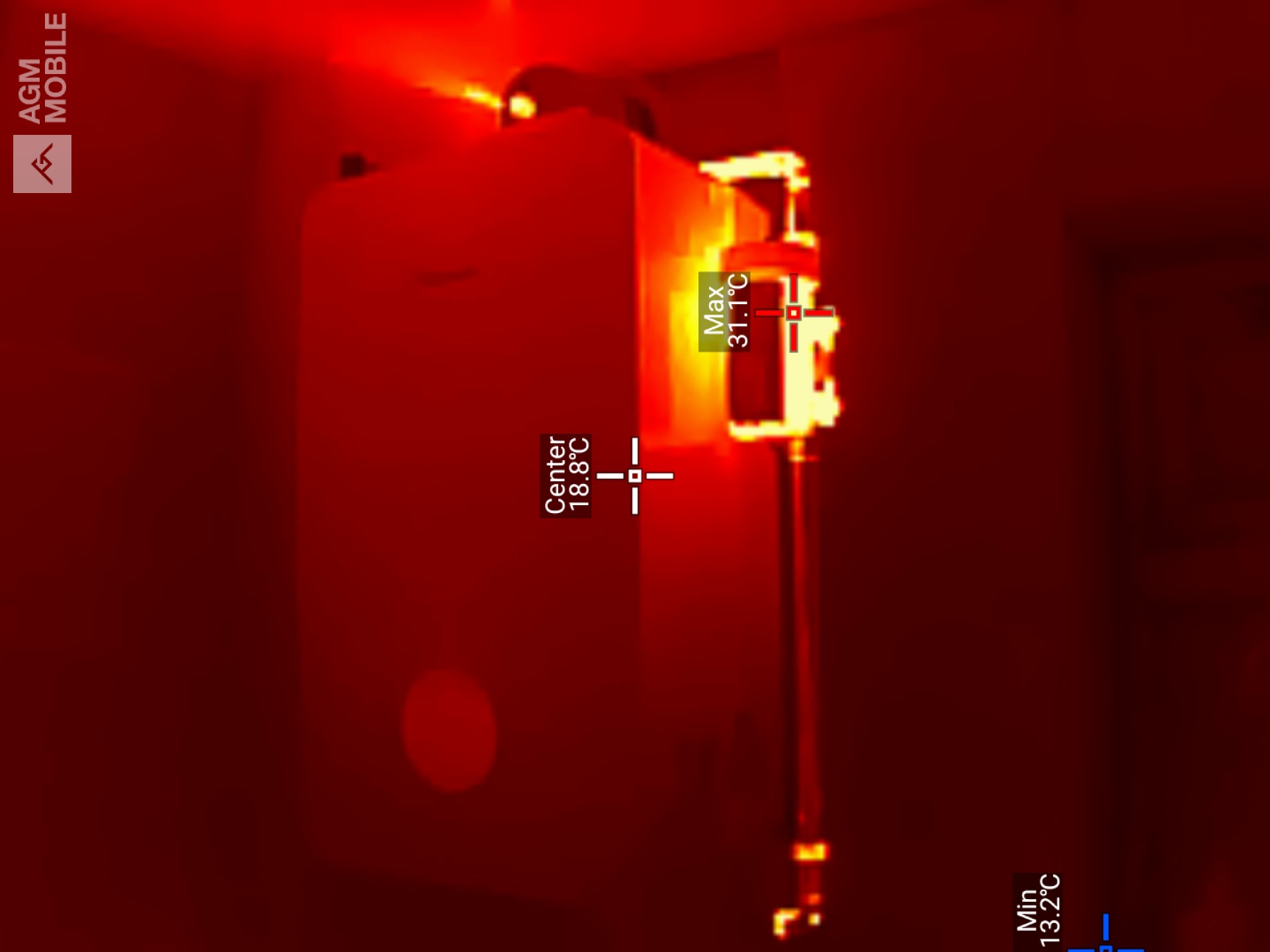 A thermal image of a wall-mounted boiler showing a maximum temperature of 31.1&deg;C on the external piping and a center reading of 18.8&deg;C on the main unit.