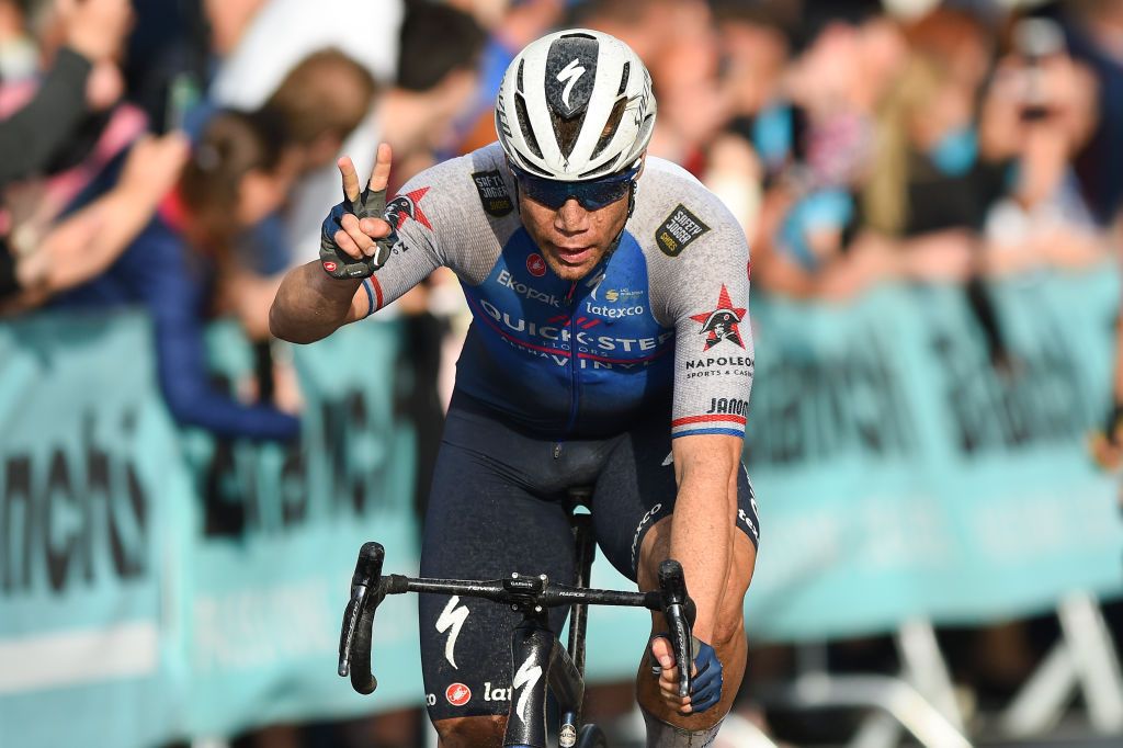 NYIREGYHAZA HUNGARY MAY 13 Fabio Jakobsen of Netherlands and Team QuickStep Alpha Vinyl celebrates winning during the 43rd Tour de Hongrie 2022 Stage 3 a 154km stage from Sarospatak to Nyiregyhaza tourdehongrie on May 13 2022 in Nyiregyhaza Hungary Photo by Dario BelingheriGetty Images