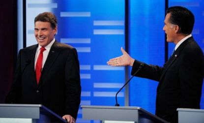 Mitt Romney extends his hand and bets Texas Gov. Rick Perry $10,000 during Saturday's debate, a potential reminder to struggling Americans that Romney is very, very wealthy.