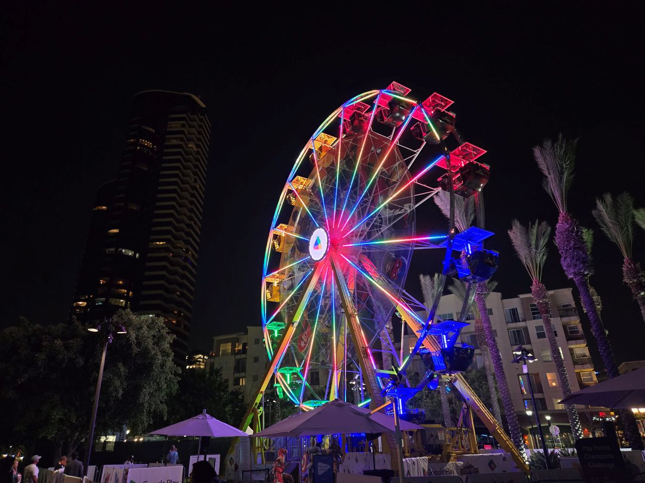 A Ferris wheel at night