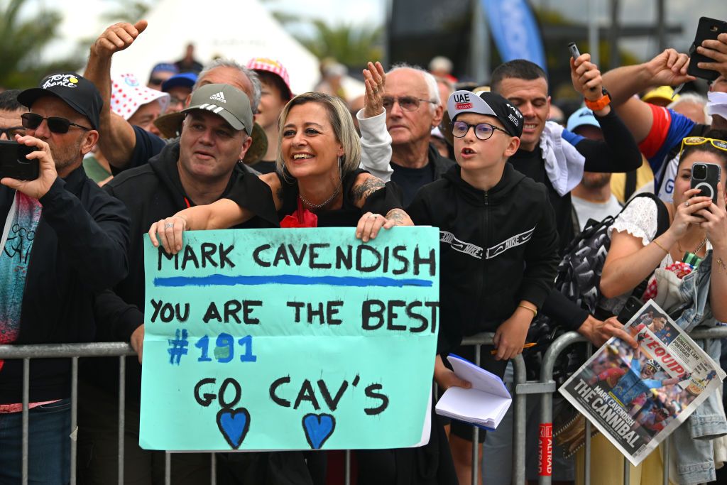 MACON FRANCE JULY 04 Fans of Mark Cavendish of The United Kingdom and Astana Qazaqstan Team prior to the 111th Tour de France 2024 Stage 6 a 1635km stage from Macon to Dijon UCIWT on July 04 2024 in Macon France Photo by Dario BelingheriGetty Images