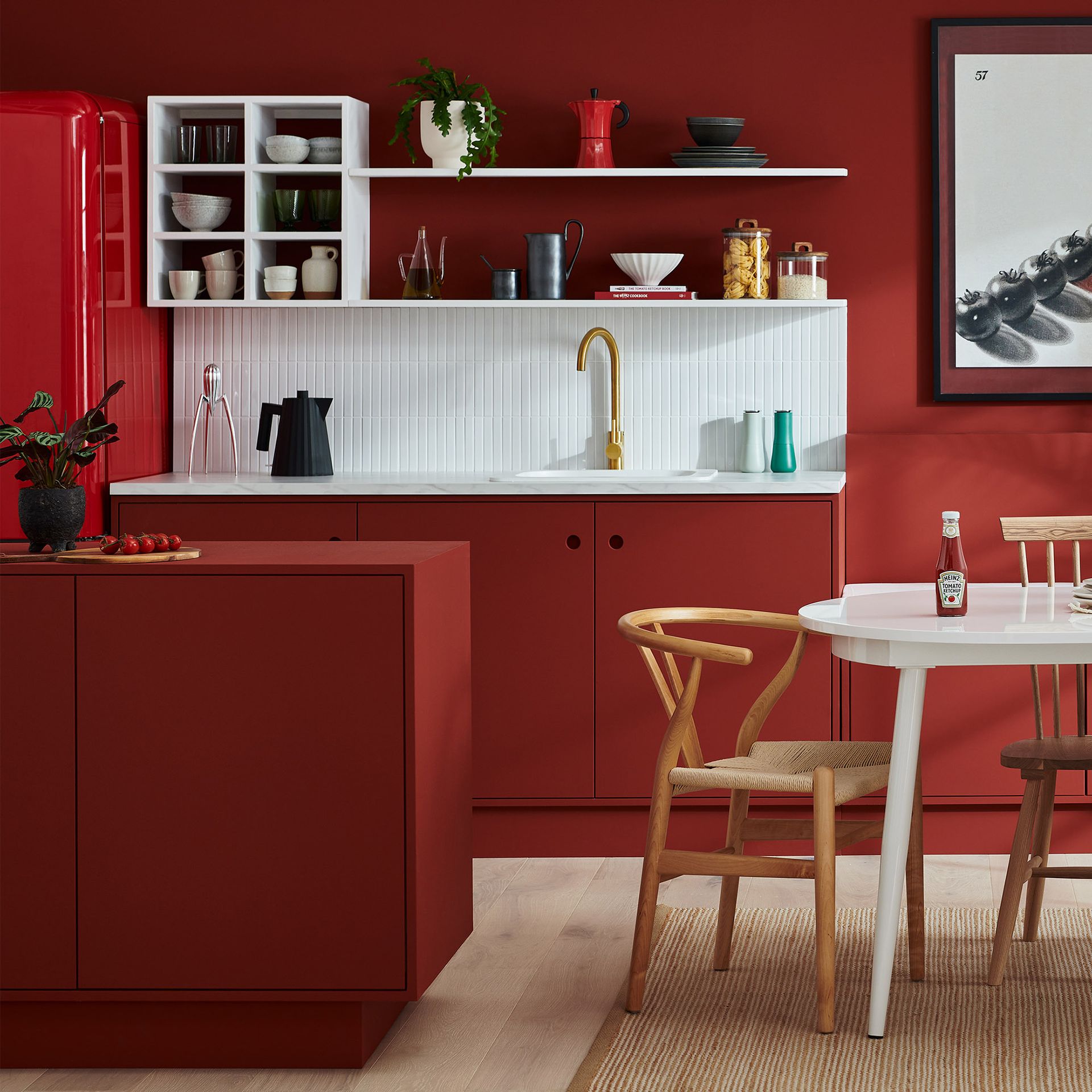 Lick Heinz red paint collaboration in red kitchen.