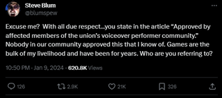 A post that reads: "Excuse me? With all due respect…you state in the article “Approved by affected members of the union’s voiceover performer community.” Nobody in our community approved this that I know of. Games are the bulk of my livelihood and have been for years. Who are you referring to?"