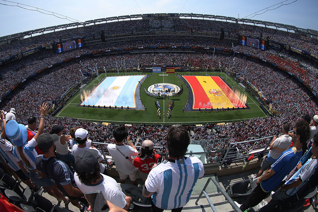 The flags of Argentina and Spain on the pitch ahead of the 2026 World Cup final.