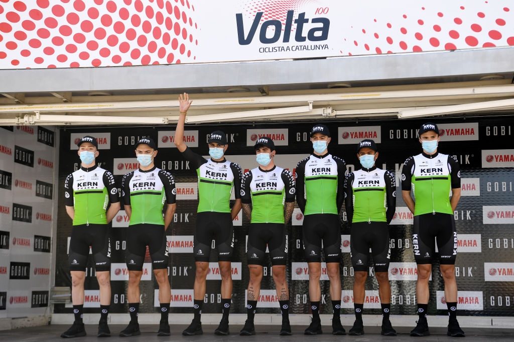 CALELLA SPAIN MARCH 22 Start Podium Roman Mart Mrquez of Spain Jaime Castrillo Zapater of Spain Kiko Galvn Fernndez of Spain Urko Berrade Fernandez of Spain Savva Novikov of Russia Daniel Alejandro Mendez Norea of Colombia Roger Adri Oliveras of Spain and Team Equipo Kern Pharma during the 100th Volta Ciclista a Catalunya 2021 Stage 1 a 1784km stage from Calella to Calella Mask Covid safety measures Team Presentation VoltaCatalunya100 on March 22 2021 in Calella Spain Photo by David RamosGetty Images