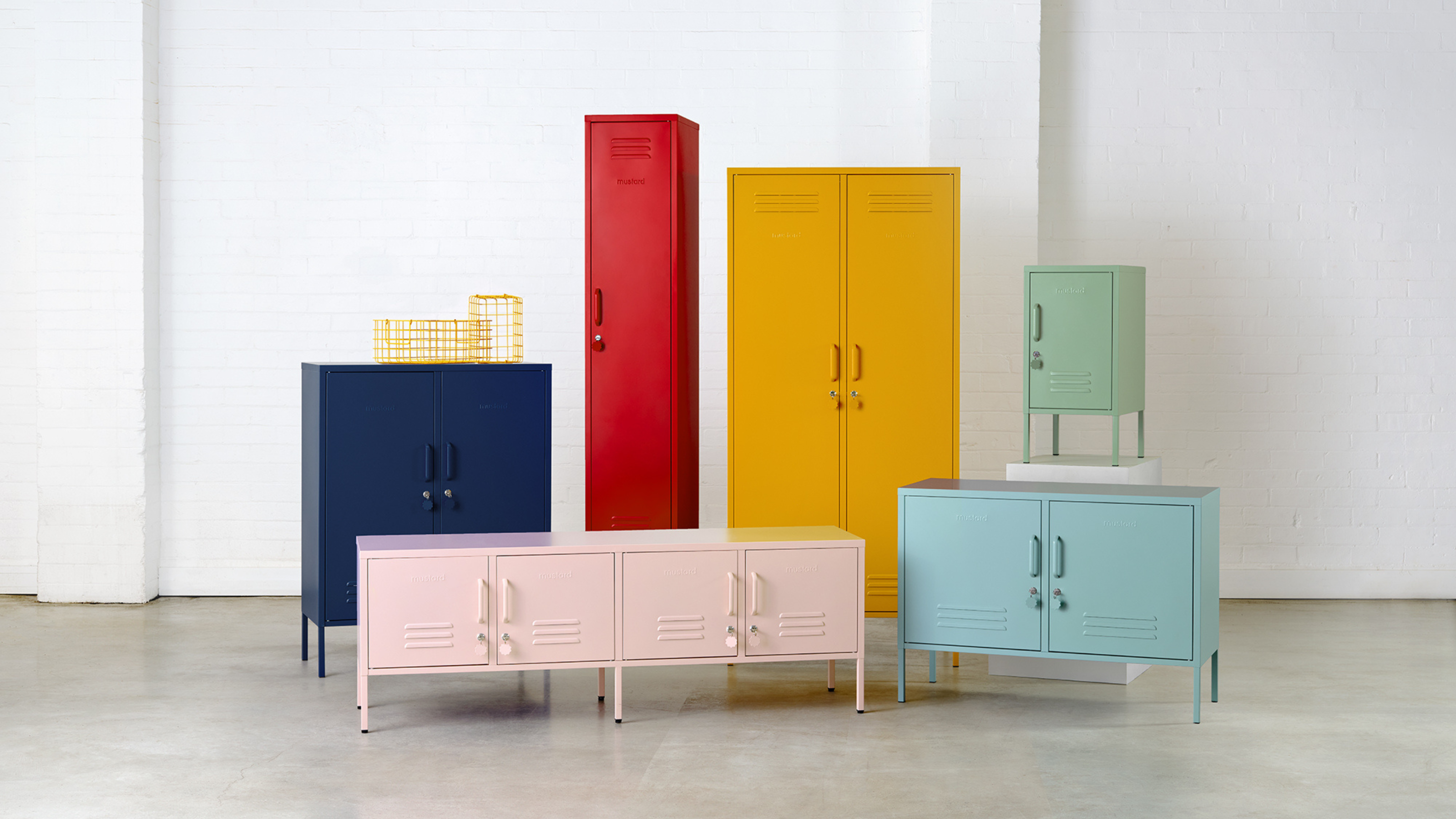 Mustard Made lockers in a warehouse.
