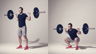 Man demonstrates two positions of the barbell back squat