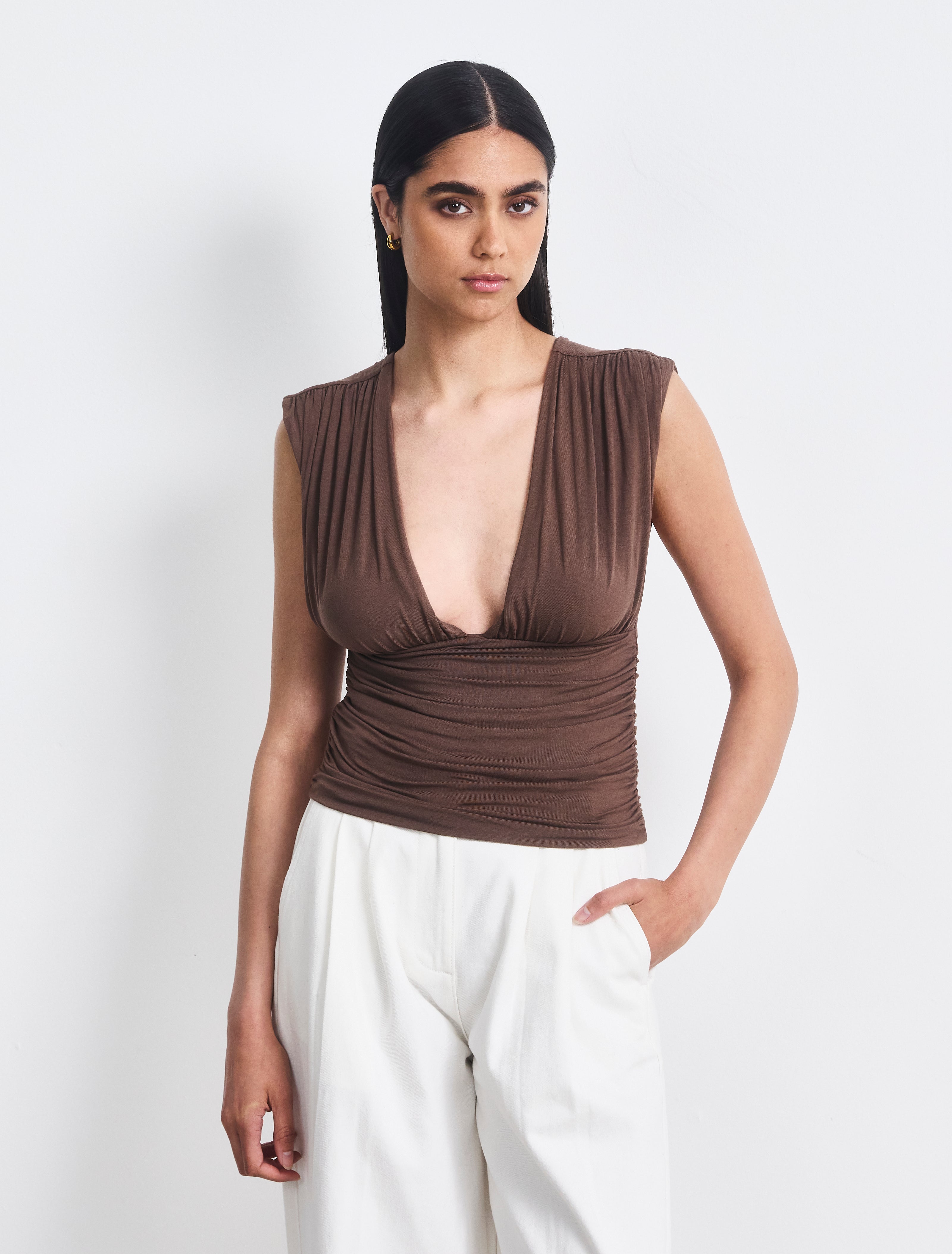 Orla Low V Neck Rouch Side Top in Mocha