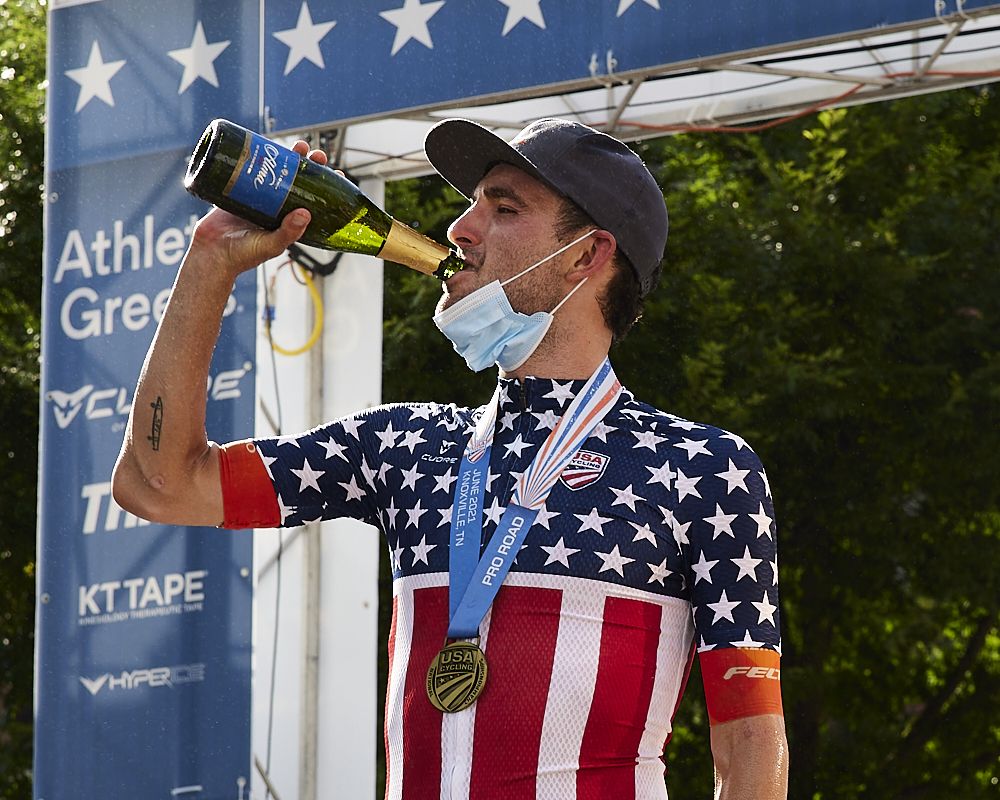 Joey Rosskopf (Rally Cycling) celebrates his win at the elite men's road race at the USA Cycling Pro Road Championships 2021