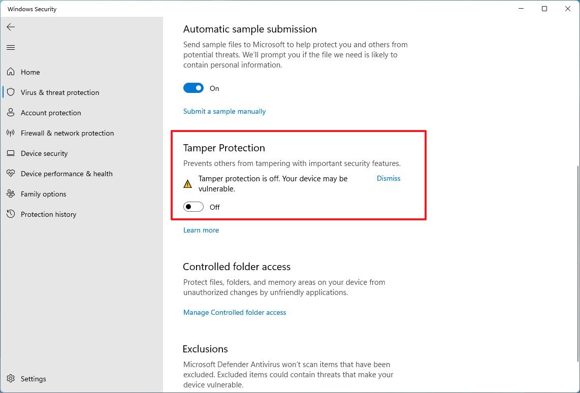 Microsoft Defender Antivirus disable tamper protection