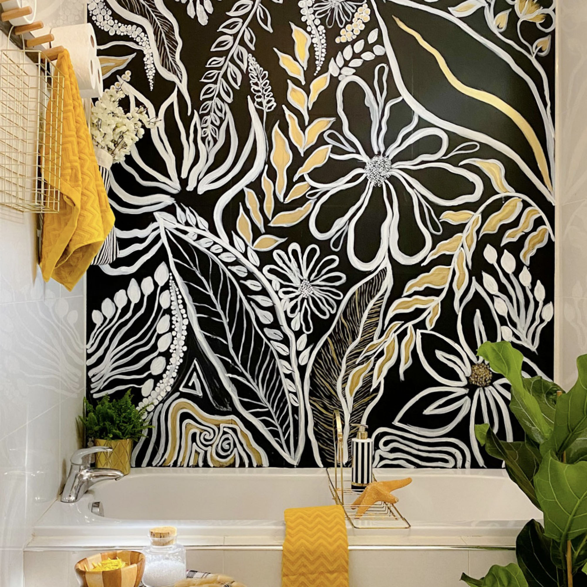 bathroom with blackboard vinyl on the wall above the bath