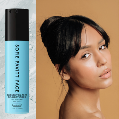 A woman with glowing skin next to a bottle of gel moisturizer.