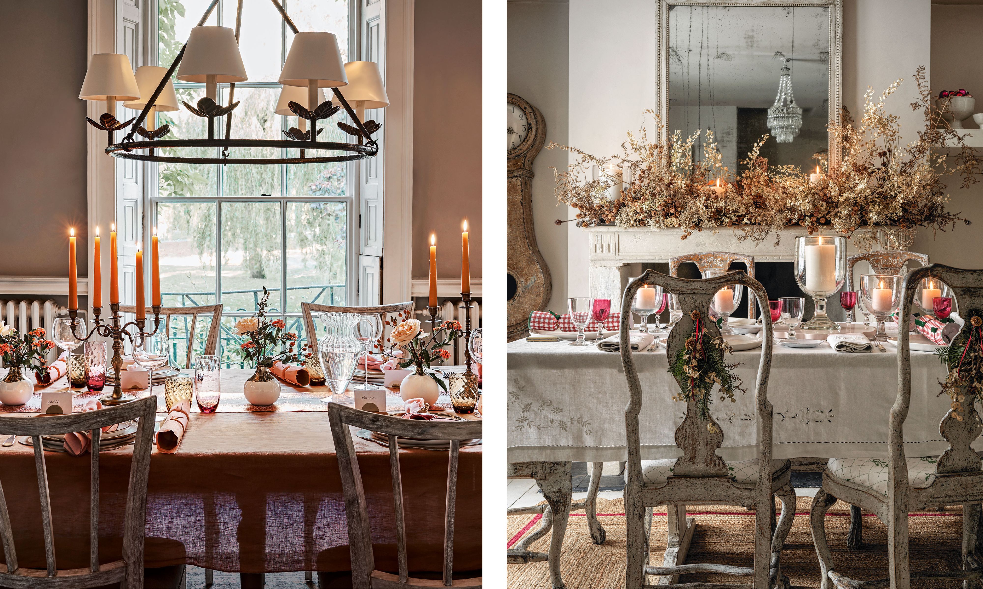 A pair of elegantly styled dining tables decorated for a warm, autumnal celebration. The left table features burnt-orange candles, soft pink napkins, small floral arrangements, and textured glassware set beneath a large chandelier with cream shades. The right table shows a more rustic, French-inspired setting with distressed wooden chairs, white linen, red-tinted glassware, and a mantel filled with dried foliage and glowing pillar candles, creating a cozy, candlelit atmosphere.