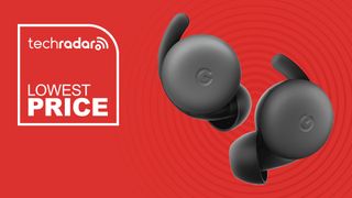 Google Pixel Buds A-Series in gray on red background with TechRadar lowest price sign
