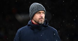 Manchester United manager Erik ten Hag looks on prior to the UEFA Europa League round of 16 leg one match between Manchester United and Real Betis at Old Trafford on March 09, 2023 in Manchester, England.