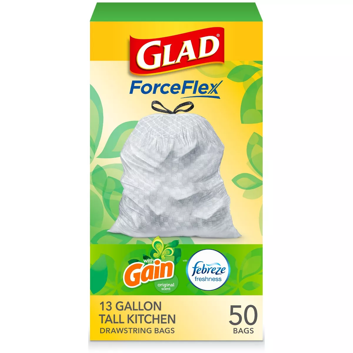 Glad Forceflex Tall Kitchen Drawstring Trash Bags - Gain Original - 13 Gallon