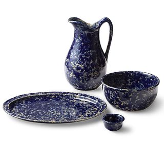 blue design tableware teapot plates and bowl