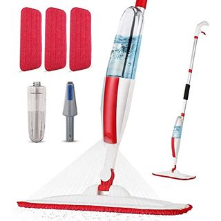 White Cleaning Microfiber Spray Mop With 3 red Washable Reusable Pads a Refillable Bottle 