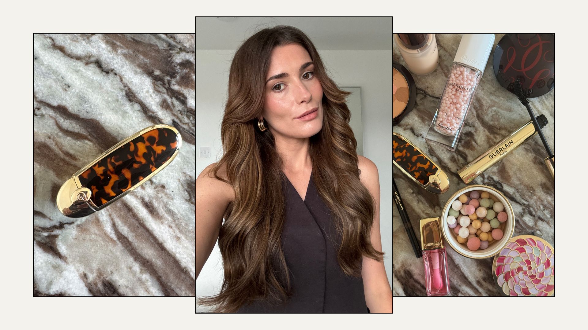 A collage of Guerlain makeup products and a selfie of beauty editor Eleanor Vousden wearing Guerlain makeup