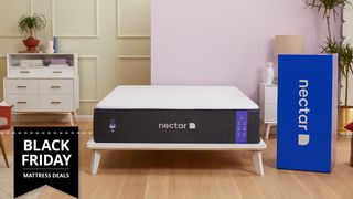 Nectar Premier Mattress on a wooden bedframe next to the cardboard boxed it's shipped in