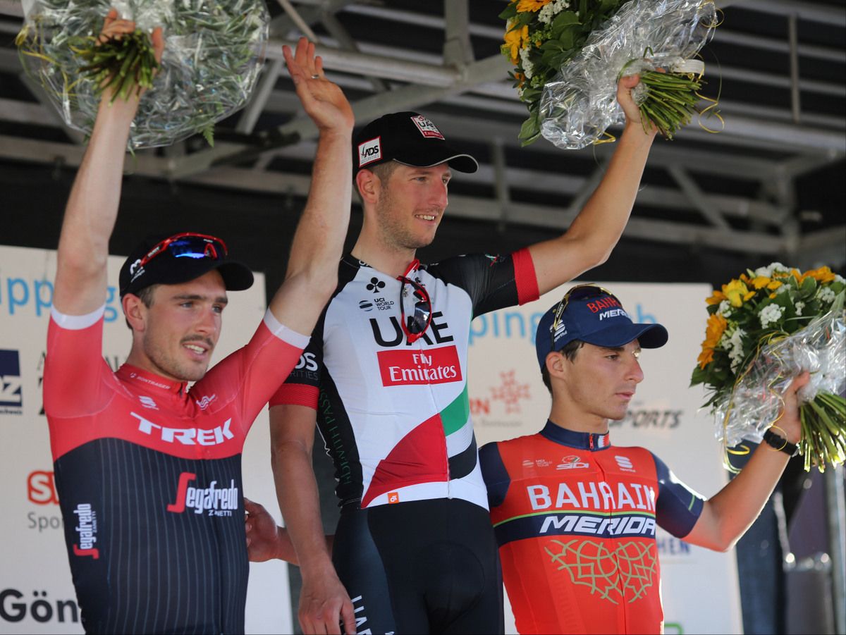 John Degenkolb (Trek-Segafredo), Sacha Modolo (UAE Team Emirates) and Niccolo Bonifazio (Bahrain-Merida) on the podium