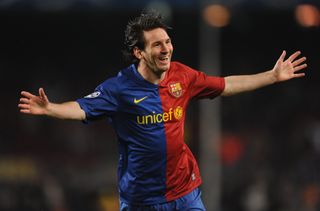 Lionel Messi celebrates after scoring for Barcelona against FC Basel in 2008.