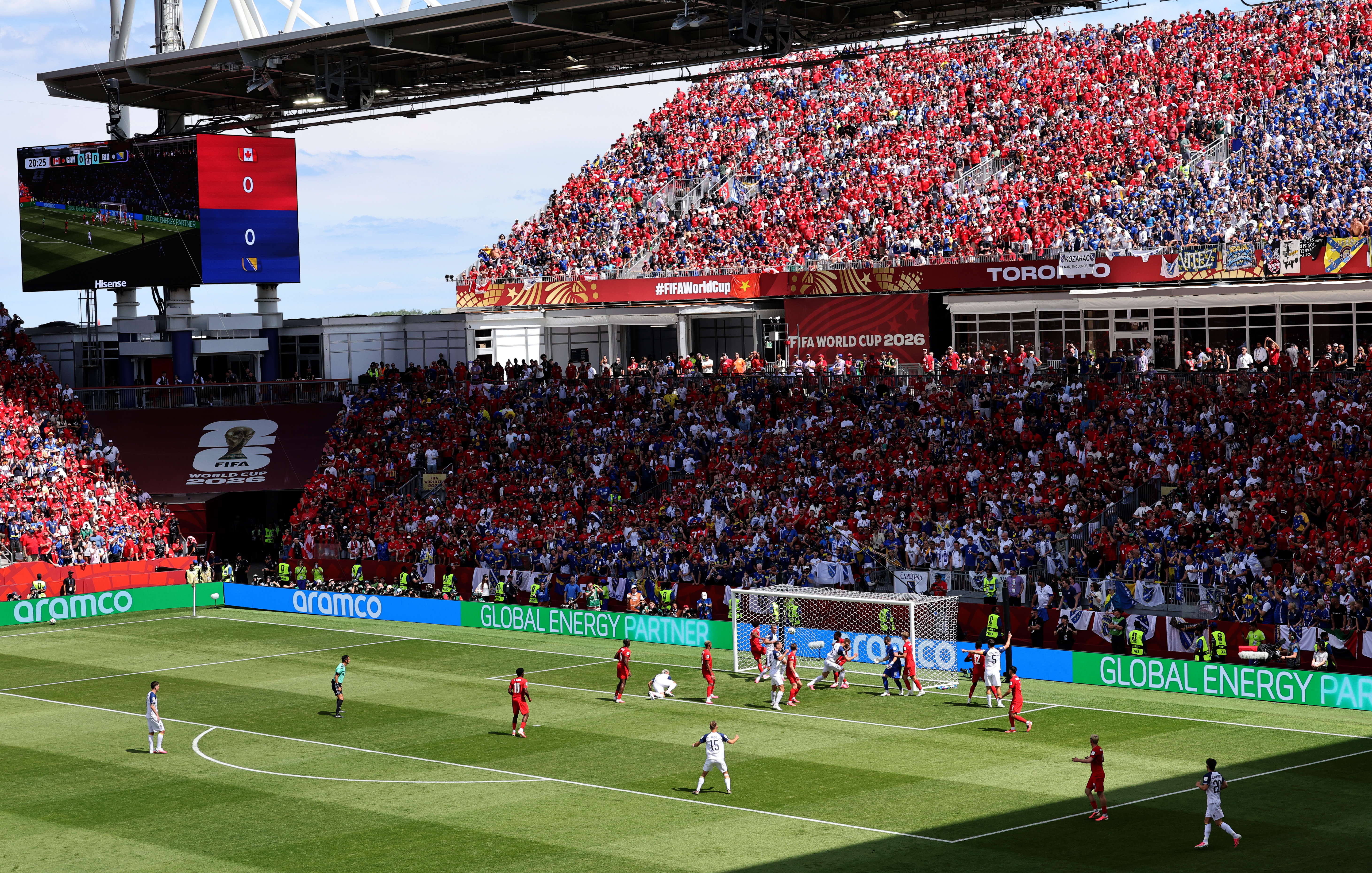 TORONTO, ONTARIO - JUNE 12: Jovo Lukic #25 of Bosnia and Herzegovina scores his team&amp;amp;apos;s first goal off a header during the FIFA World Cup 2026 Group B match between Canada and Bosnia and Herzegovina at Toronto Stadium on June 12, 2026 in Toronto, Ontario. (Photo by Michael Steele/Getty Images)