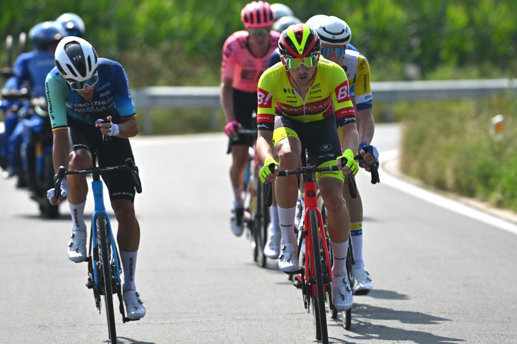 AALTER BELGIUM AUGUST 31 LR Dries De Bondt of Belgium and Team Decathlon Ag2R La Mondiale and Luca Van Boven of Belgium and Team Bingoal WB compete in the breakaway during the 20th Renewi Tour 2024 Stage 4 a 1785km stage from Oostburg to Aalter UCIWT on August 31 2024 in Aalter Belgium Photo by Luc ClaessenGetty Images
