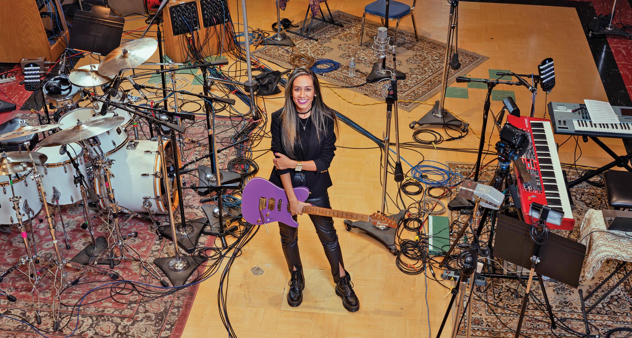 Lari Basilio with her Ibanez lB-1 signature guitar in the studio.