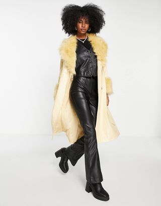 Topshop Pu & Faux Fur Trim Long Belted Coat in Buttermilk