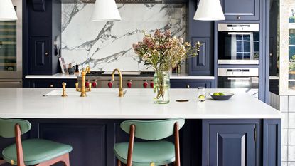 Should kitchen countertops be light or dark: blue kitchen cabinets with light countertop