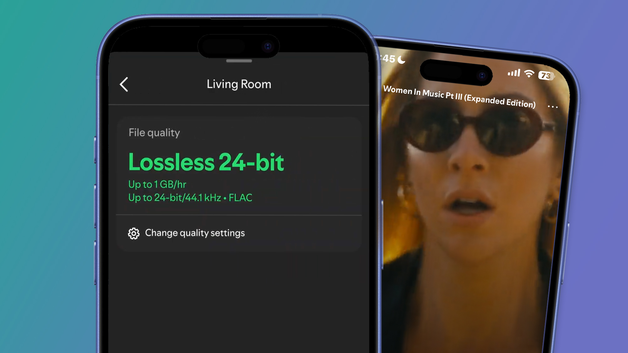 Two phones on a green and purple background showing Spotify's new lossless mode