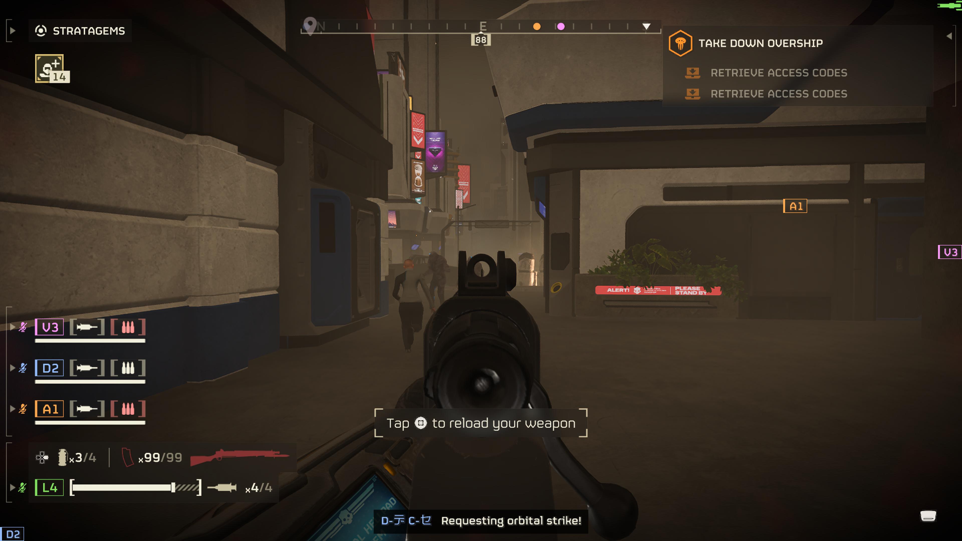 Aiming down sights in Helldivers 2 to shoot voteless while a civilian runs away