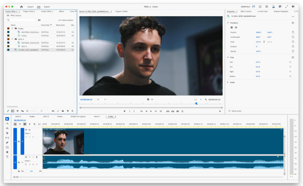 Premiere Pro interface showing a man's face