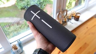 Ultimate Ears Megaboom 4 in black, in a house with white window frames in the background