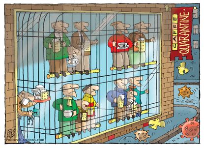Editorial Cartoon World Coronavirus COVID-19 quarantine businesses birdcage