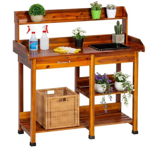 Fdw Outdoor Potting Bench Table With Sink &amp;amp; Drawer for Outside Garden, Wood Planting Table With 132 Lb Weight Capacity, Basin, Storage Drawer, Shelves and Hooks, Natural