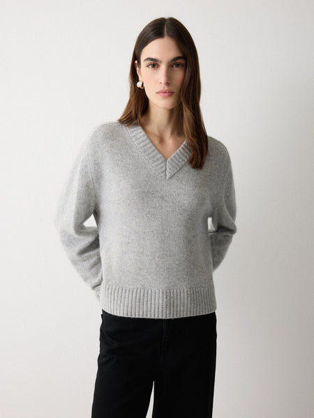 Wool Cashmere Blend V Neck Jumper | Grey