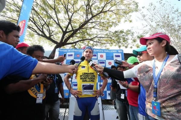 Giger talks to the press after securing another stage win in Langkawi