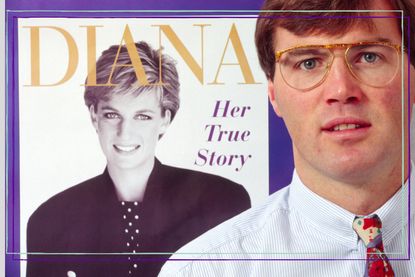 Andrew Morton posing next to his Diana book Diana: Her True Story