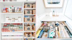 Two pictures, one of a kitchen pantry and one of a bathroom with organized drawers