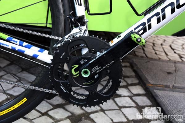 Cannondale Hollowgram SL cranks and an SRM spider makes for an ultralight power meter on Peter Sagan's Liquigas-Cannondale Cannondale SuperSix Evo.