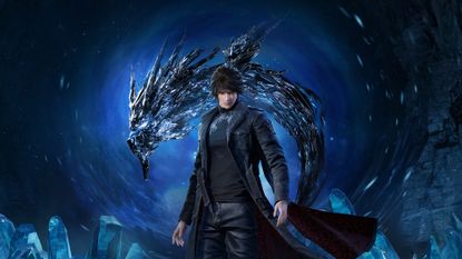 Kaser stands in front of a glowing blue background as the imprisoned dragon Lord Arena swirls behind him like a fish - key art from Lost Soul Aside used on the PlayStation store