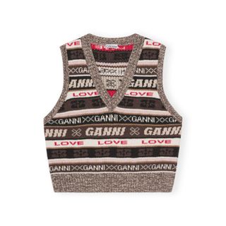 GANNI Brown Logo Wool Mix Vest 